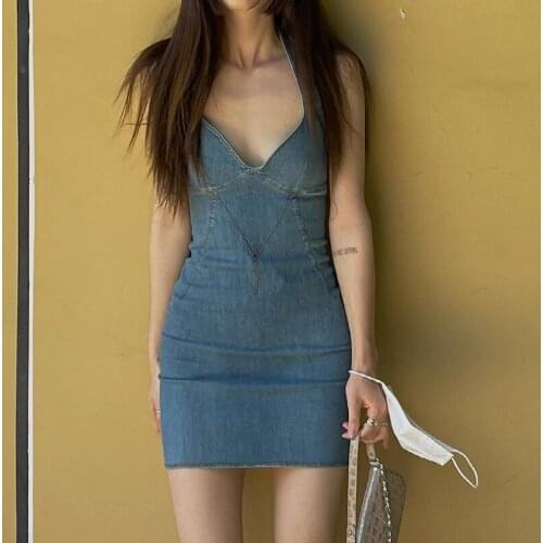 Summer Sexy Halter Denim Mini Dress Solid Color Washed Sleeveless Backless High Waist Ladies Girls Wild Chic Y2K Trendy Dress