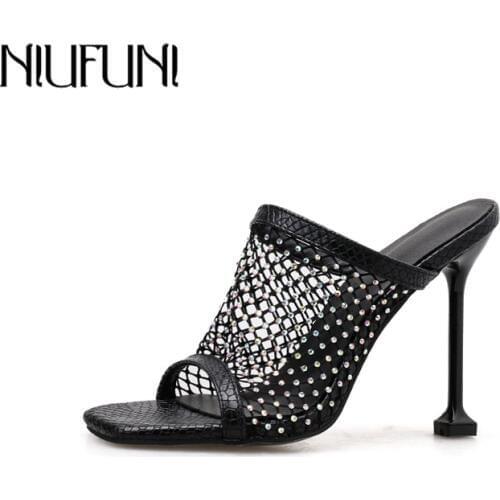 NIUFUNI 2020 Summer Sandals Slippers Shoes Woman Rhinestone Mesh Thin High Heels 11.5CM Sandals Peep Toe Hollow Slippers Slides