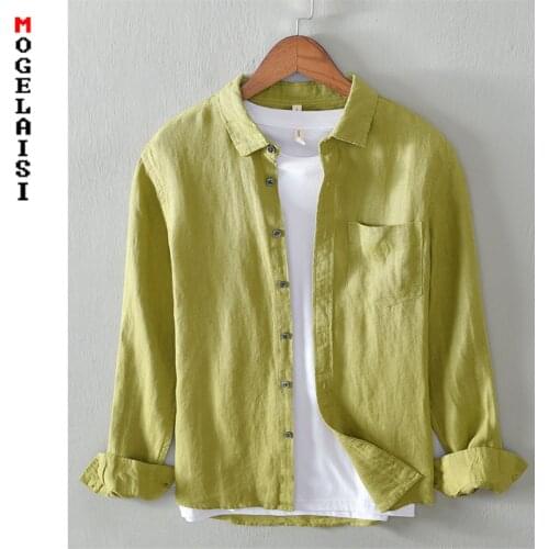 New men casual shirt 100% linen Breathable solid tops long sleeve Soft and comfortable men shirts Camisa masculina 531