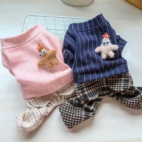 Strips Autumn Winter Dog Clothes Pet Cat Coat Starfish Pattern Plaid Pants Jumpsuit Pups Overalls For Small Dogs Apparel Pug XL