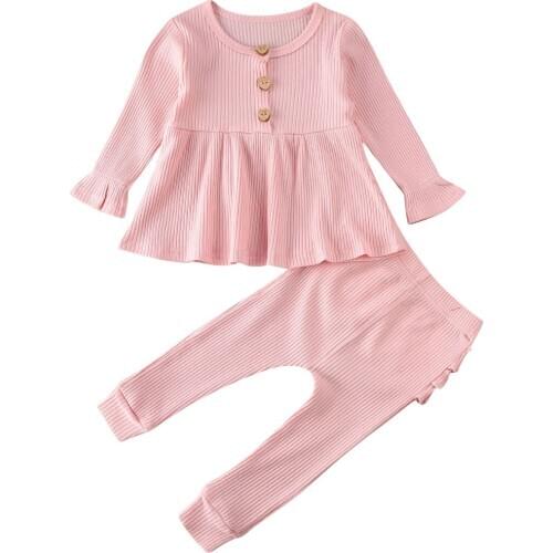 Newborn Baby Girl Solid Color Outfits Long Sleeve Knitted Tops T-shirt+Ruffle Pants Leggings Spring Autumn Two Piece Suit 0-24M