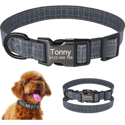 Personalized Dog Collar Custom Engraved Puppy ID Name Tag Buckle Gray Collar Small Medium Large S-L Pet Collars