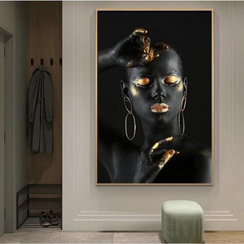 African Black And Gold Woman Poster Wall Art Canvas Painting HD Print Portrait Picture For Living Room Bedroom Decoration