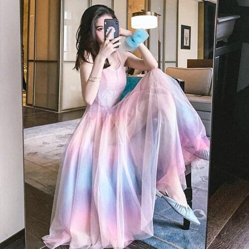 Rainbow mesh sling dress female high waist 2020 summer gradient color fairy dress Lace Cotton dresses for women party