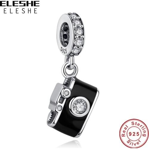 ELESHE Authentic 925 Sterling Silver Bead Black Enamel CZ Camera Dangle Charm Fit Original Bracelets Pendant DIY Jewelry