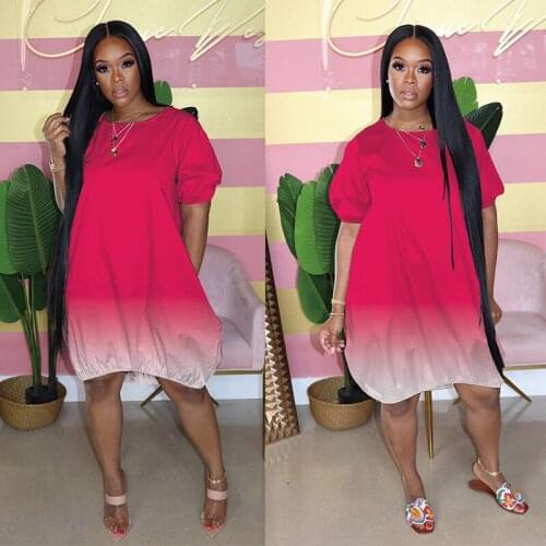 Casual Round Neck Short-sleeved Dress Summer New Fashion Black Gradient Dress Female 2021 Large Size Loose Comfortable Dress