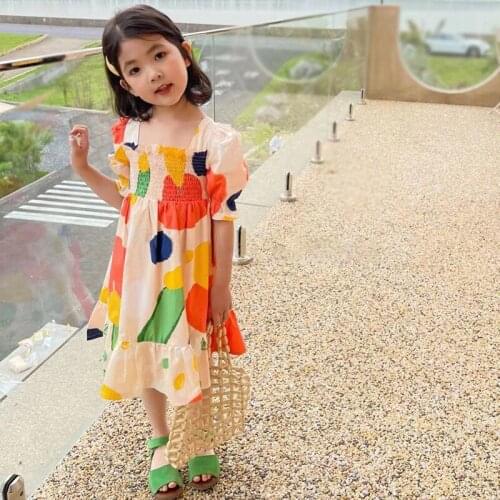 Summer Kid Clothing Girl Wedding Party Sundress Bow Color Printed Children Girl Square Neck Bubble Sleeve Dress