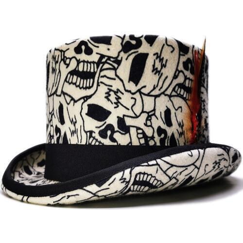 100% Wool Felt Skull Feather Decor Steampunk Formal Squire Top Cap Magician Fedoras Retro President Lincoln Gentleman Bowler Hat