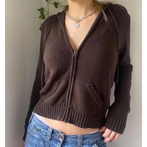 BiggOrange Vintage Brown Solid Y2K Hooded Sweaters Women Autumn Winter Lantern Sleeve Zip Up Jacket Cardigan Knitted Hoodies New