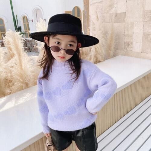 Knitting Spring Winter Turtleneck Pullover Sweater Girls Kids Childrens Warm Mink Down Printing Plus Velvet Solid Color