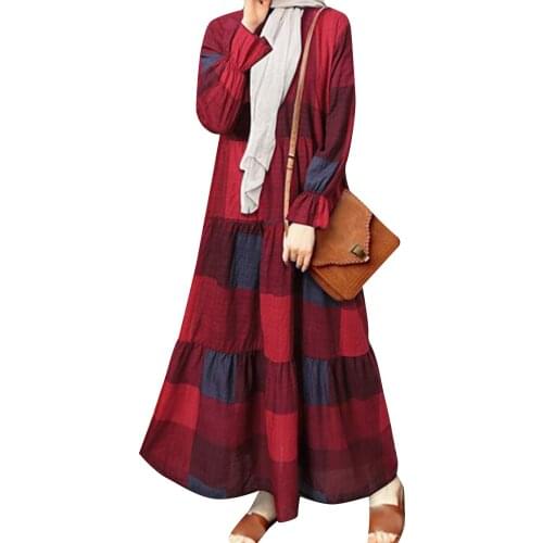 Female Muslim Long Skirt Floral Plaid Print Ruffled High Elasticity Cuffs Retro Casual Long Dress d88