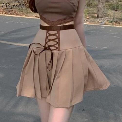 Pleated Skirts Women Lace-up Streetwear Chic Summer Sexy Mini High Waist All-match Korean Style Novelty Holiday Student Solid