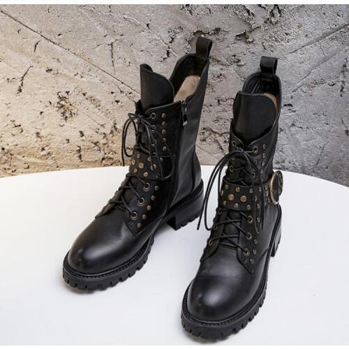 Winter Boots Women Rivets Ankle Boots For Women Med Heels Botas Mujer Motorcycle Boots Fashion Ladies Shoes Zapatos De Mujer