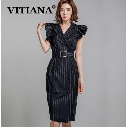 VITIANA Women Black Striped Office Midi Dress For Women Summer 2020 Female Ruffles Sleeve Slim OL Dresses Femme Elegant Vestidos