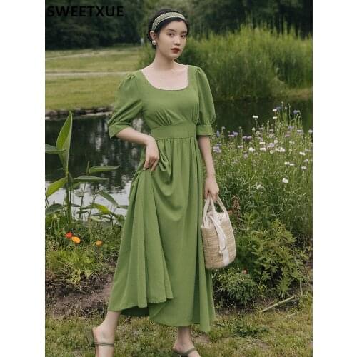 SWEETXUE Green Retro Elegant Dress Summer Womens High Waist Square Neck Bubble Sleeve Fashion Temperament Long Dress Vestidos
