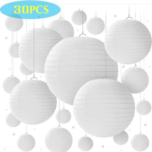 30pcs/lot 4''-12'' Mix Size Chinese Paper Ball Lampion Hanging White Wedding Decoration Paper Lanterns Lampshade Party Decor