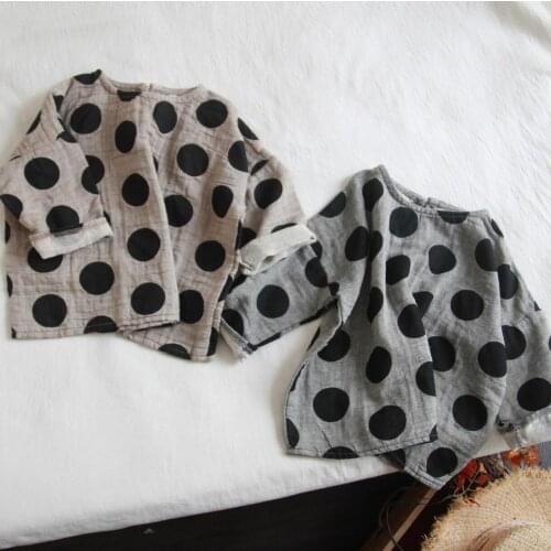 2021 new arrival girls boys dots spring summer full sleeve casual cotton linen kids t-shirt