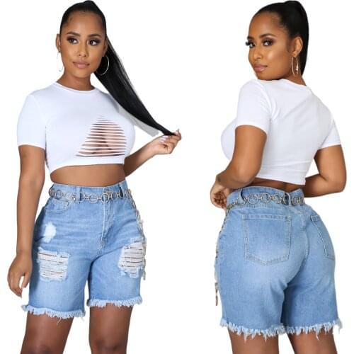 European and American womens fashion personality all-match frayed high-waist washed stretch mother denim shorts
