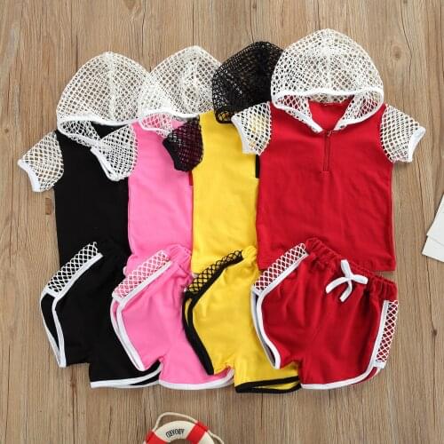 OPPERIAYA Summer Baby Girls T-shirt Shorts Casual Set Fashion Contrast Color Hollow Short Sleeve Hooded Tops Bandage Short Pants