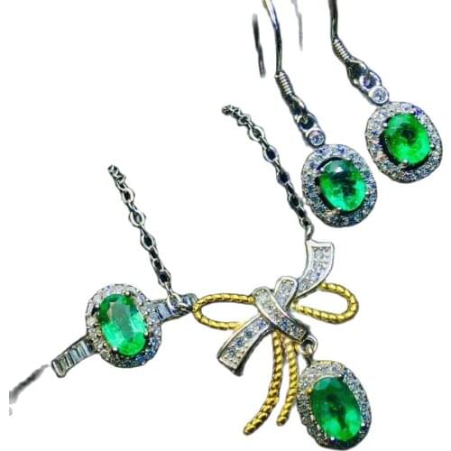 KJJEAXCMY fine jewelry 925 sterling silver inlaid Natural Emerald Ring Earring Necklace Set Support Test exquisite