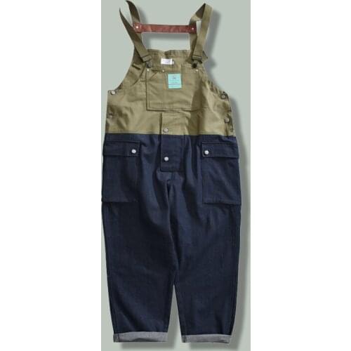 Hip Hop Color Contrast Patchwork Cargo Jumpsuit Mens Harajuku Work Clothes Streetwear Sling Trousers Trendy Baggy Joggers Pants