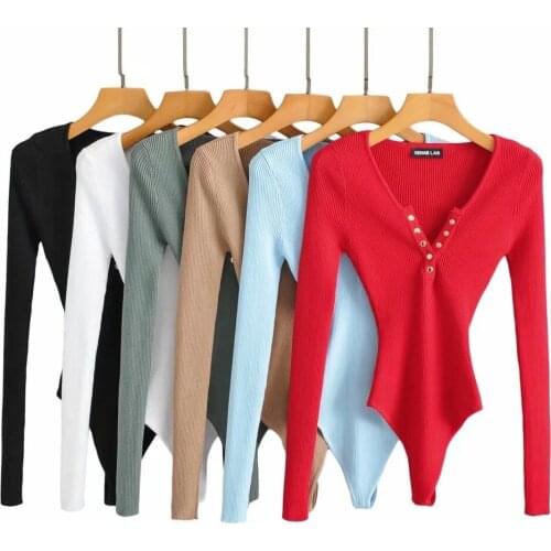 Autumn Winter One Piece Women Knitted V Neck Long Sleeve Black White Blue Red Champagne Green Bodycon Bodysuit Jumpsuit