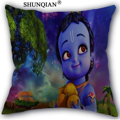 Little Krishna Linen Cotton Pillow Covers Printed Square Home Decorative No Core Pillowcase 45x45cm one side