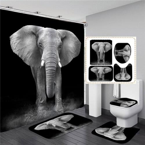Black Elephant Shower Curtains Set 3d Print Waterproof Bathing Screen Flannel Toilet Lid Cover Kitchen Mat Bathroom Rug Carpet