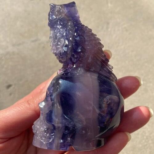 Natural Crystal Fluorite Hand Carved skull Owl Healing Home Decor Stone Craft 1PC