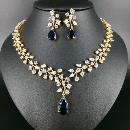 New fashion luxury romantic BLUE water drop zircon golden necklace earring set,wedding bride formal jewelry free shipping