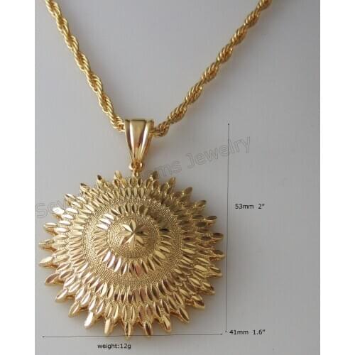 YELLOW GOLD GP DUBAI GOLD COATED 24" ROPE NECKLACE & MANY SPECIFIC CARVED ROUND SUN FLOWER SHAPE PENDANT