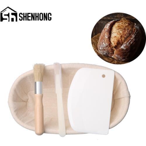 SHENHONG 4Pcs Set Oval Banneton Brotform Proving Bread Fermentation Rattan Basket Linen Liner Dough Knife Scraper Baking Tools