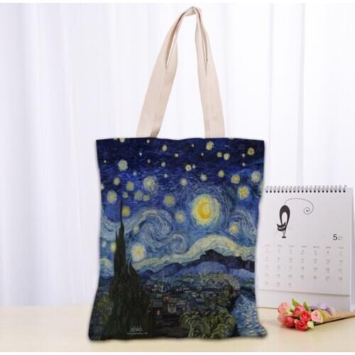 Van Gogh The Starry Night Tote Bag Canvas Fabric Bags Eco Reusable Shopping Bags Traveling Beach Casual Useful Shoulder Bag