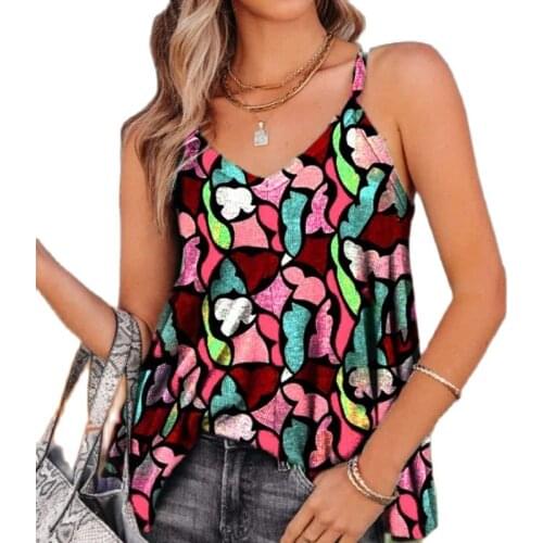 S-5XL Summer Womens Spaghetti Strap Printed Vest Tops Casual Loose V Neck Ladies All-match Camisoles Plus Size Streetwear Tops