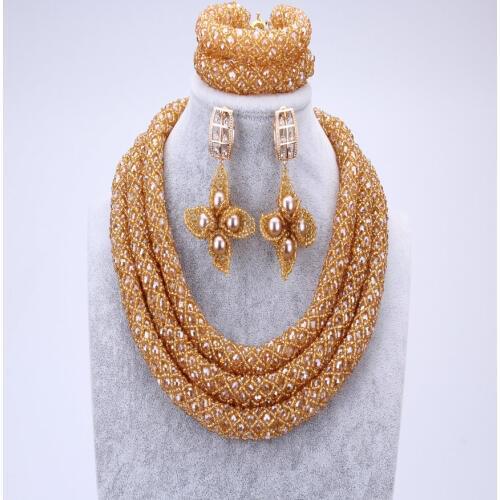Three Layers Superior Gold Jewelry Set 100% Handmade African Beads Nigerian Wedding Earrings And Necklace Set Free Shipping