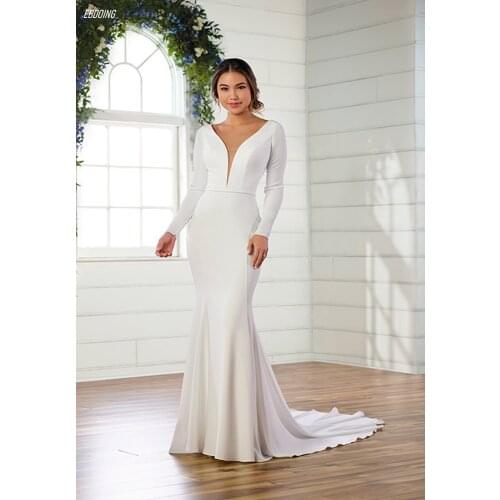 Vestidos De Novia Wedding Dress Mermaid Deep V Neckline Full Sleeves Chapel Train Long Floor-Length Plus Sizes Bride Gown