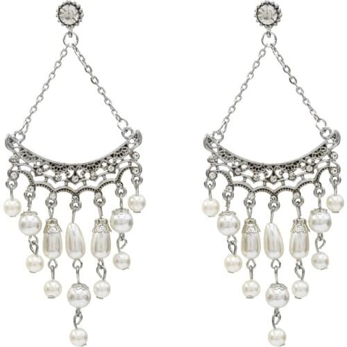 Vintage Simulated Pearl Earrings Long Tassel Earrings For Women Wedding Jewelry Party Bijoux Gift Gypsy Crystal Drop Earrings