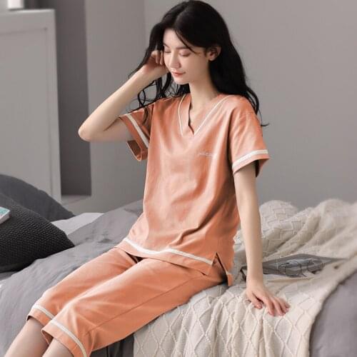 Women V-Neck Sleepwear 2PCS Shirt&Calf-Length Pants Pajamas Set Solid Color Nightwear Intimate Lingerie Pyjamas Casual Homewear