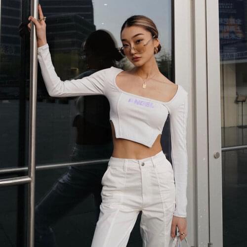 2021 New Retro Square Collar Sslim Long-Sleeved Bottoming Shirt Top Short Umbilical Exposed Sexy T-Shirt Female