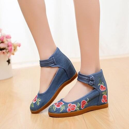 YourSeason Ladies Canvas Embroidery Hidden Wedge Platform Sneakers Med Heel Vintage Women Denim Comfortable Cotton Shoes