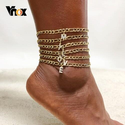 Vnox Bling A-Z Initial Charm Women Anklet, Solid Gold Tone Stainless Steel Figaro Chain Chic Letters Alphabet Leg Ankle Chain