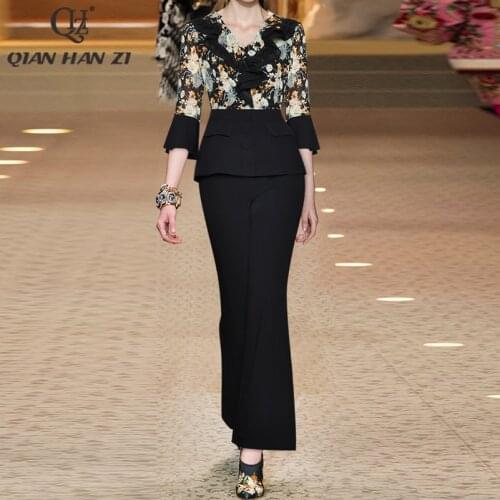 Qian Han Zi designer fashion runway two piece set Womens 3/4 Sleeve button lace ruffled top+retro flared Full Length pants Suit