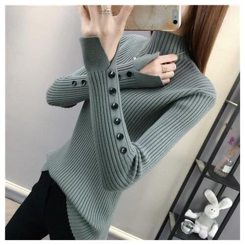 Pullover Elegant Half High Neck Casual Bottoming Knit Shirt Sweater Ladies Button Split Sleeve Women Autumn Winter Top Sweater