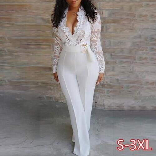 Women Sexy Elegant Overalls Rompers Patchwork Jumpsuit Female Long Sleeve Lace Overall Trousers Party Playsuit