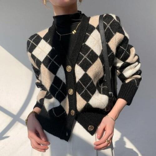 Retro Diamond Lattice Knitted Cardigan Women Top Spring Autumn Loose Outwear V-neck Sweater Jacket Women Cardigan Mujer