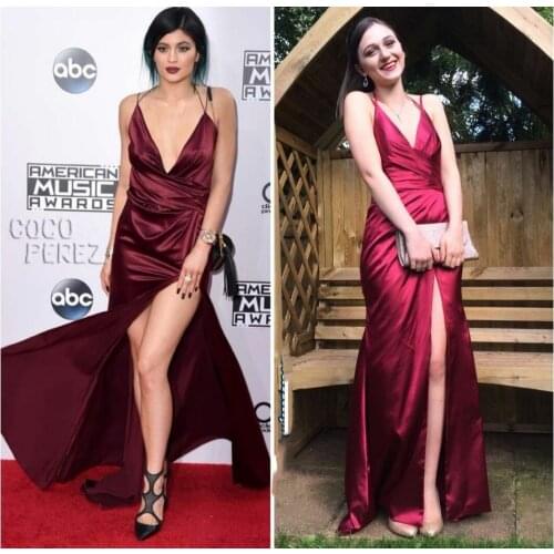 Sexy Long V-Neck Burgundy Celebrity Dresses with Slit Satin Pleated Spaghetti Abendkleider Robes de Soirée for Women
