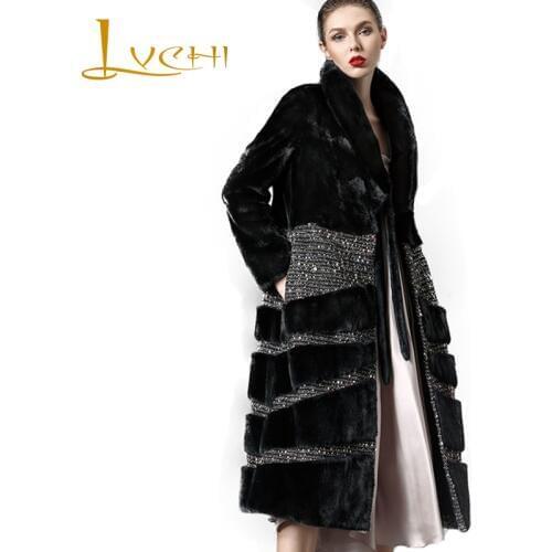 LVCHI Winter2017 Import Mink Fur Coat Womens Long Sleeve Slim Coat Patchwork Diamonds Real Natural Fur V-Neck X-Long Mink Coats