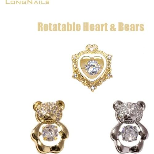 12*13mm Hollow Rolling Heart& Bears 1pc Zircon Flash Rotata Diamonds Alloy Artificial Charms Nail Heartbeat Bears Jewelry 3D Gem
