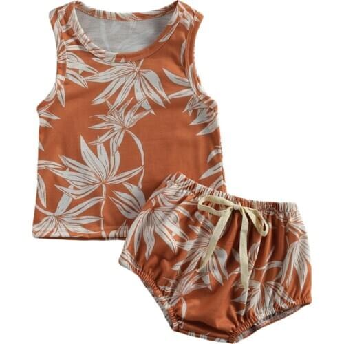 2021 New Arrival Baby Suit Leaves Print Round Neck Sleeveless Camisole+ Bow Loose Elastic Shorts Boys Girls Clothing Set