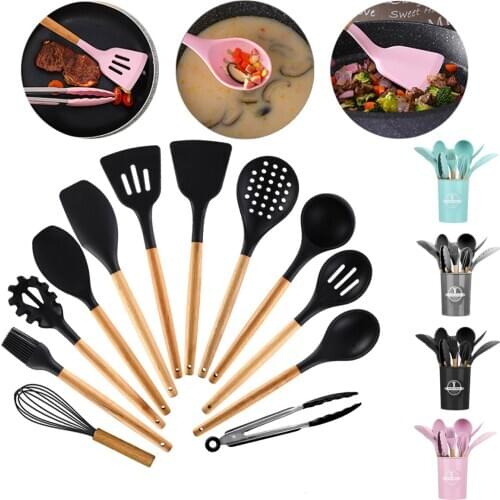 9/11/12PCS Silicone Cooking Utensils Set Non-stick Spatula Shovel Wooden Handle Cooking Tools Set With Storage Box Kitchen Tools